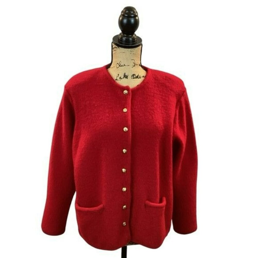 Vintage Red Cardigan Sweater With Gold Buttons & Pockets